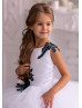 Beaded Navy Blue Lace White Tulle Tiered Flower Girl Dress